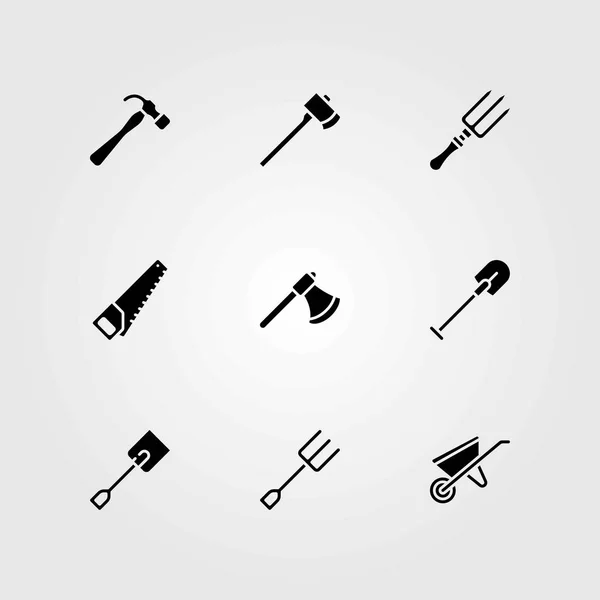 Garden vector icons set. spade, wheelbarrow and hammer — Stock Vector