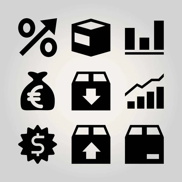 Nákupní vektor sadu ikon. dolar, analutics, procento a balíček — Stockový vektor
