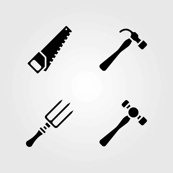 Garden vector icons set. handsaw, fork and hammer — Stock Vector