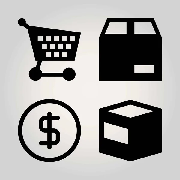 Příznaky vektor sadu ikon. mince, nákupní vozík, balíček a košík — Stockový vektor