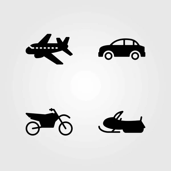 Conjunto de ícones vetoriais de transporte. avião, bicicleta desportiva e motocicleta — Vetor de Stock