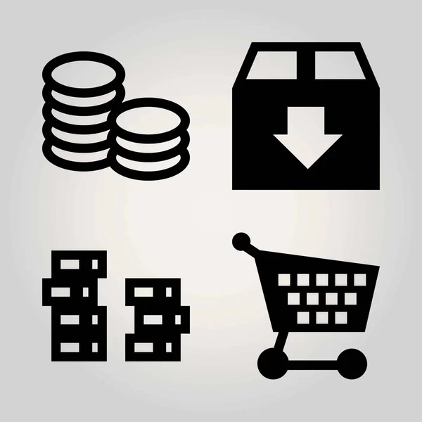 Příznaky vektor sadu ikon. mince, vozík, balíček a nákupního košíku — Stockový vektor