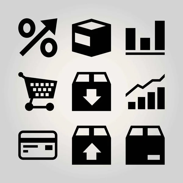 Conjunto de ícones de vetor de compras. percentagem, analítica, carrinho de compras e cartão de crédito — Vetor de Stock