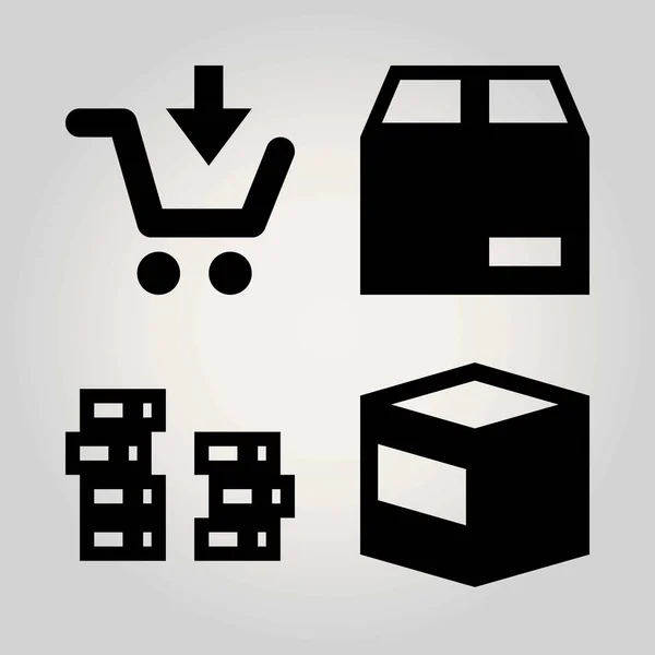 Signos vector icono conjunto. paquete, moneda, carrito y carrito de compras — Vector de stock