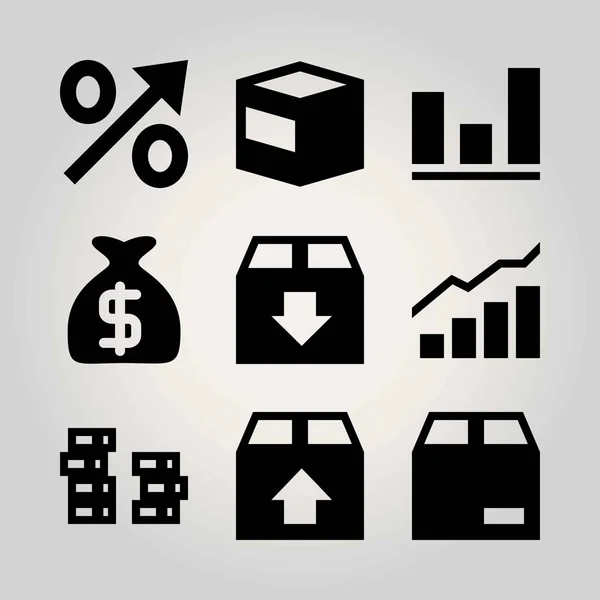 Conjunto de ícones de vetor de compras. pacote, saco de dinheiro, porcentagem e análise —  Vetores de Stock