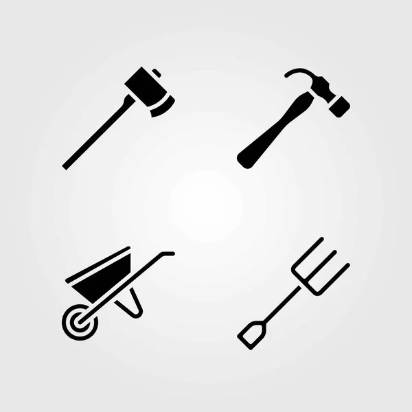 Garden vector icons set. axe, wheelbarrow and fork — Stock Vector