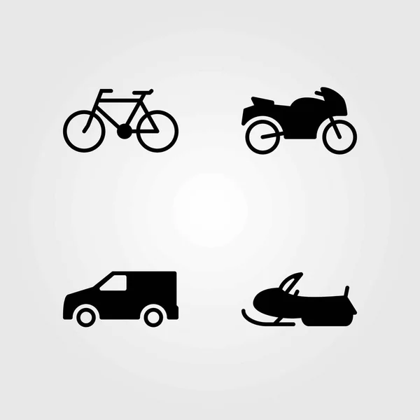 Conjunto de ícones vetoriais de transporte. carro, bicicleta esportiva e snowmobile —  Vetores de Stock