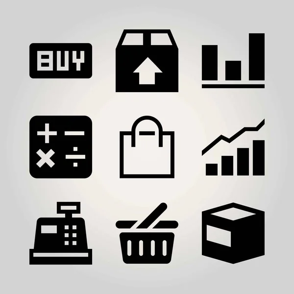 Nákupní vektor sadu ikon. Kalkulačka, balíček, košík a taška — Stockový vektor
