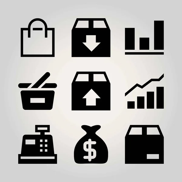 Conjunto de ícones de vetor de compras. análise, analítica, pacote e dinheiro mashine —  Vetores de Stock