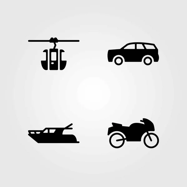 Набір транспортних векторних піктограм. мотоцикл, яхт і автомобіль — стоковий вектор