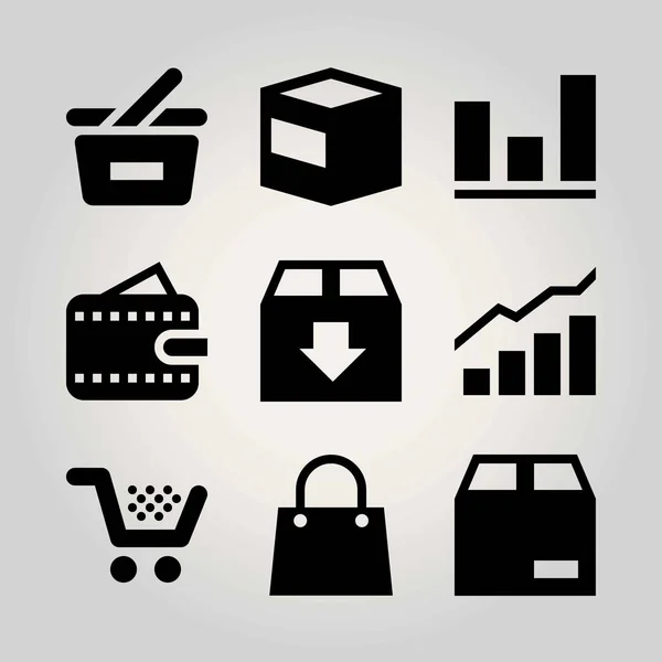 Shopping vector icon set. shopping bag, shopping basket, basket and package — Stock Vector