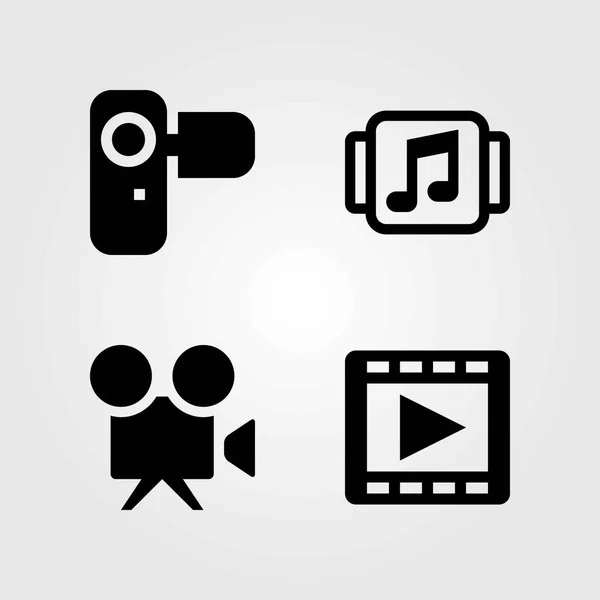 Conjunto de iconos vectoriales tecnológicos. reproductor de películas, reproductor de música y cámara de vídeo — Vector de stock