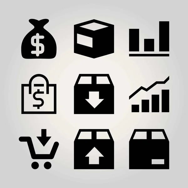Set di icone vettoriali per lo shopping. analisi, carrello, borsa per soldi e shopping bag — Vettoriale Stock