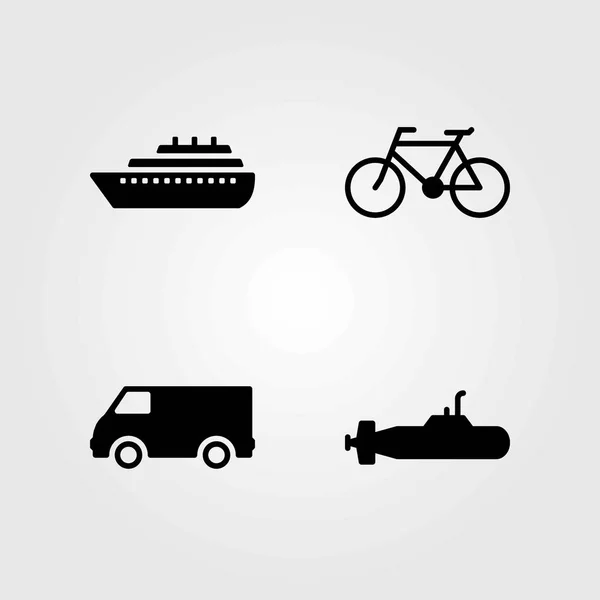 Conjunto de ícones vetoriais de transporte. bicicleta, navio e van — Vetor de Stock