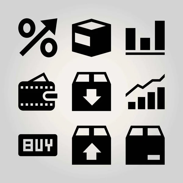 Vásárlás vector icon set. pénztárca, a analutics, a csomag és a százalékos — Stock Vector