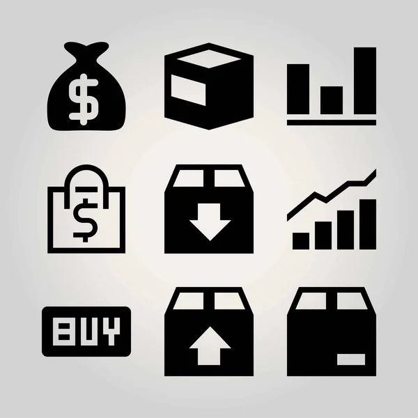 Conjunto de ícones de vetor de compras. saco de dinheiro, analítica, analítica e pacote —  Vetores de Stock