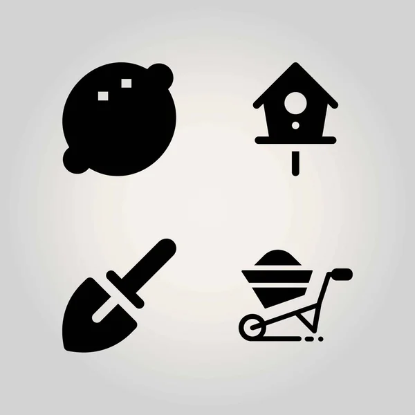 Landbouw vector icon set. Troffel, citroen, birdhouse en kruiwagen — Stockvector