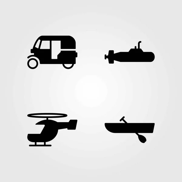 Ensemble d'icônes vectorielles de transport. sous-marin, hélicoptère et remorque tuk — Image vectorielle