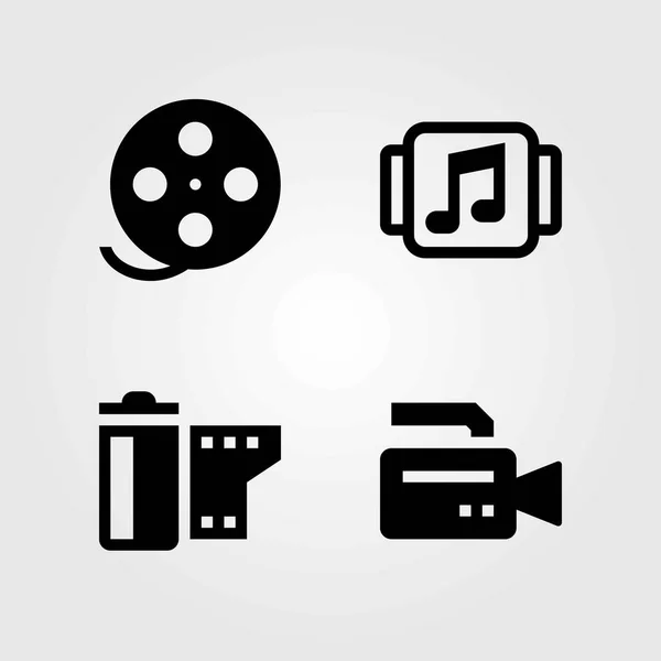 Conjunto de ícones vetoriais de tecnologia. rolo de filme, leitor de música e câmera de vídeo — Vetor de Stock
