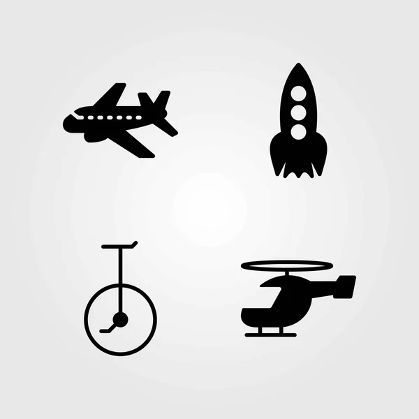 Набор значков транспортного вектора. самолет, вертолет и одноколесный велосипед — стоковый вектор