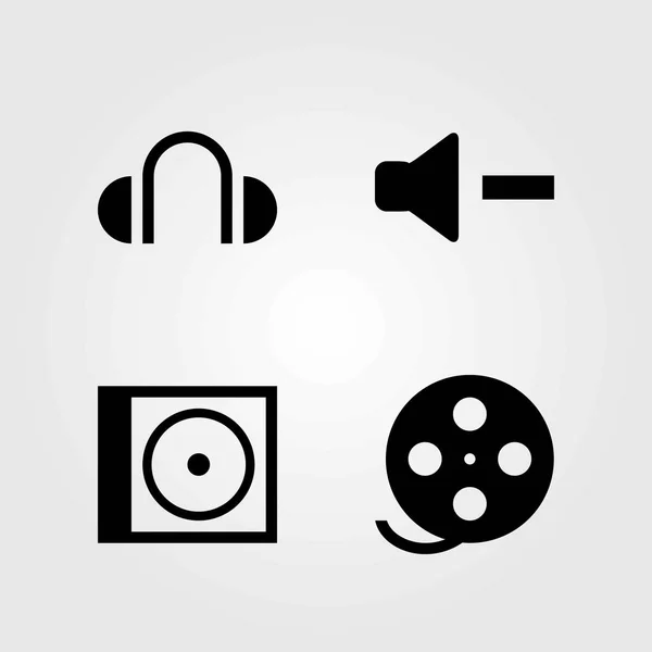 Conjunto de iconos vectoriales multimedia. auriculares, volumen y rollo de película — Vector de stock