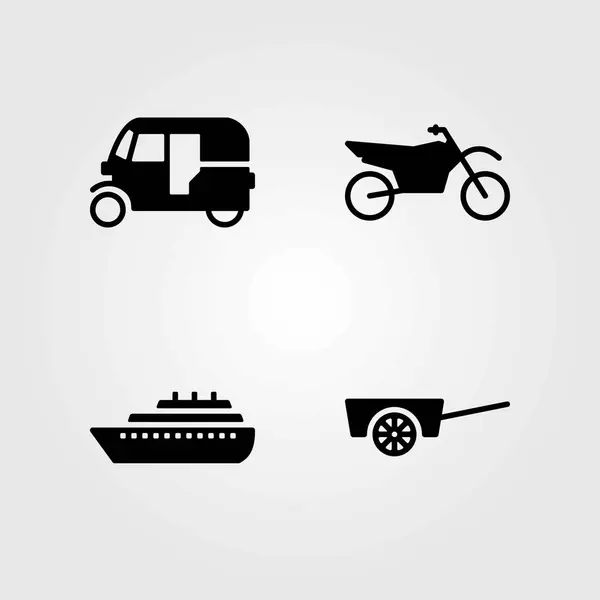 Conjunto de ícones vetoriais de transporte. carrinho, tuk tuk e motocicleta —  Vetores de Stock