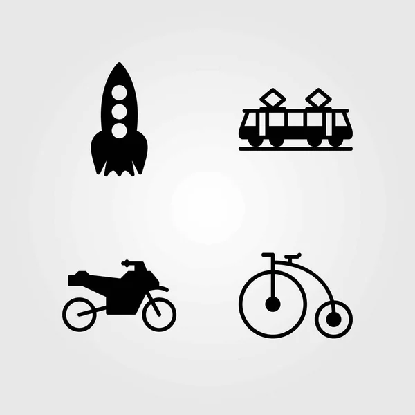 Icone vettoriali di trasporto impostate. tram, bicicletta e razzo — Vettoriale Stock
