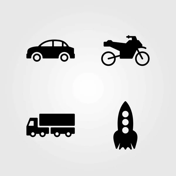 Ensemble d'icônes vectorielles de transport. fusée, camion et vélo de sport — Image vectorielle