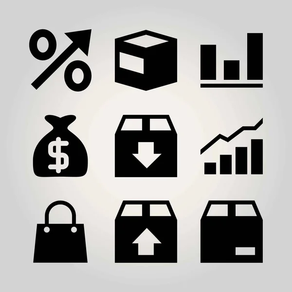 Conjunto de ícones de vetor de compras. saco, analytics, pacote e saco de compras — Vetor de Stock