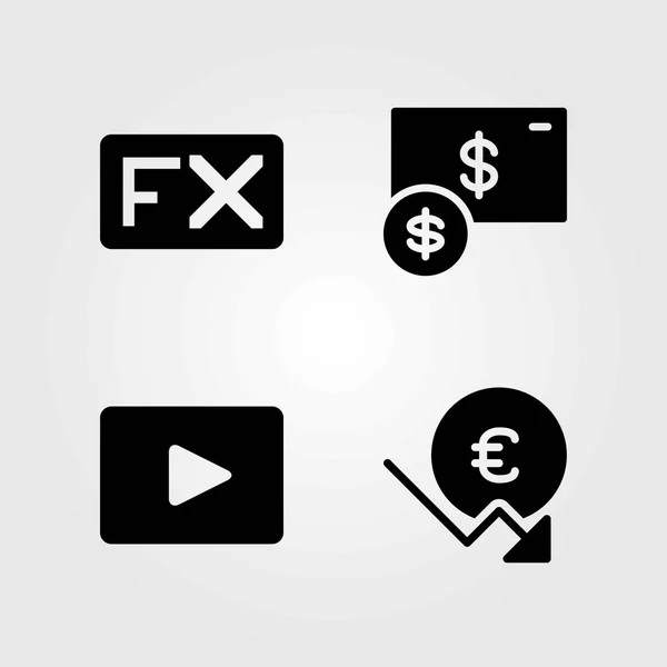 Botões conjunto de ícones vetoriais. leitor de vídeo, euro e fx — Vetor de Stock