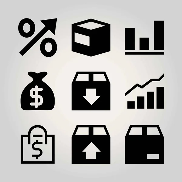 Conjunto de ícones de vetor de compras. saco de dinheiro, analítica, porcentagem e pacote —  Vetores de Stock