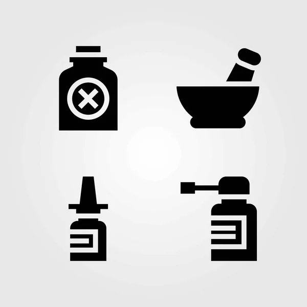 Conjunto de iconos vectoriales médicos. aerosol, mortero y pastillas — Vector de stock