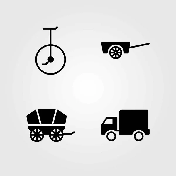 Conjunto de iconos vectoriales de transporte. monociclo, carro y camión — Archivo Imágenes Vectoriales