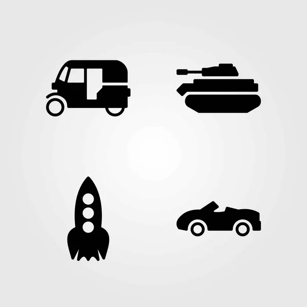 교통 벡터 아이콘 세트입니다. 탱크, 자동차 및 tuk tuk — 스톡 벡터