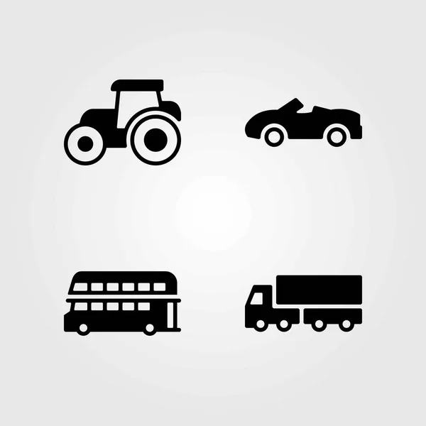Transport wektor zestaw ikon. Double decker bus, samochód sportowy i ciągnika — Wektor stockowy