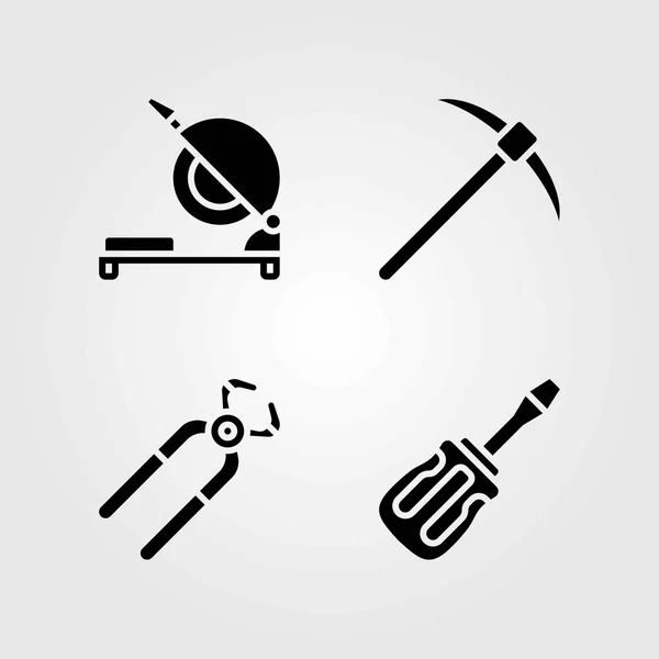 Tools vector icons set. pliers, chop saw and pick axe — Stock Vector