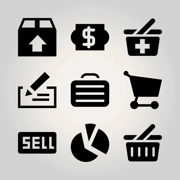 Conjunto de ícone de vetor de negócios. gráfico de torta, pasta, caso e baket de compras — Vetor de Stock