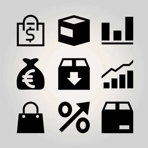 Conjunto de ícones de vetor de compras. saco, pacote, análise e porcentagem — Vetor de Stock