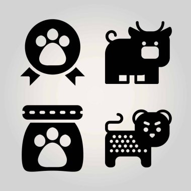 Hayvanlar Icon set vektör. Boğa, çita, evde beslenen hayvan yiyecek ve şerit pençe