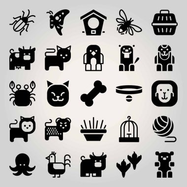 Hayvanlar Icon set vektör. kase, kuş evi, tavuk ve kuş