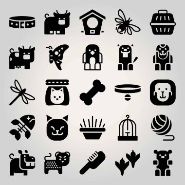 Hayvanlar Icon set vektör. Boğa, kuş, kemik ve kuş kafesi