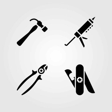 Araçlar Icons set vektör. Tel kesici, çekiç ve dolgu macunu silah