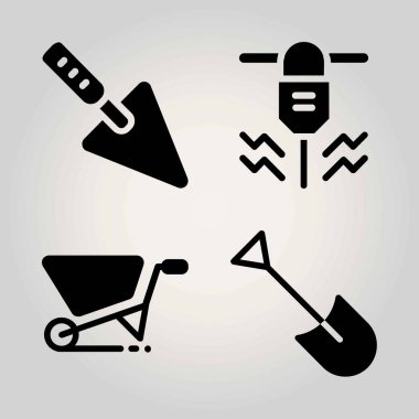 Bahçe vektör Icon set. delici, el arabası, kürek ve mala