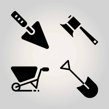 Bahçe vektör Icon set. el arabası, balta, mala ve kürek