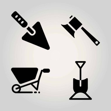 Bahçe vektör Icon set. el arabası, balta, mala ve kürek