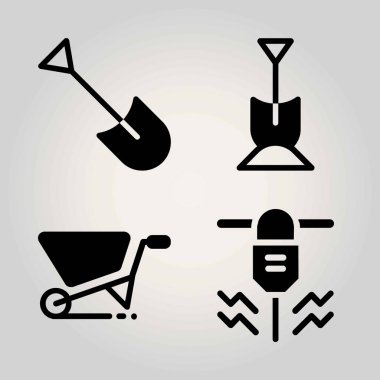 Bahçe vektör Icon set. kürek, delici ve el arabası