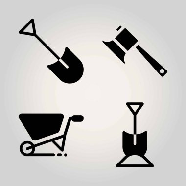 Tarım vektör Icon set. kürek, balta ve el arabası