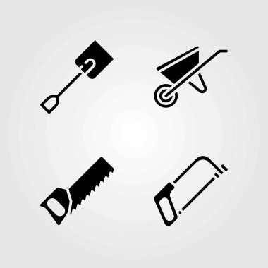 Bahçe vektör simgeler kümesi. el testeresi, kürek ve el arabası