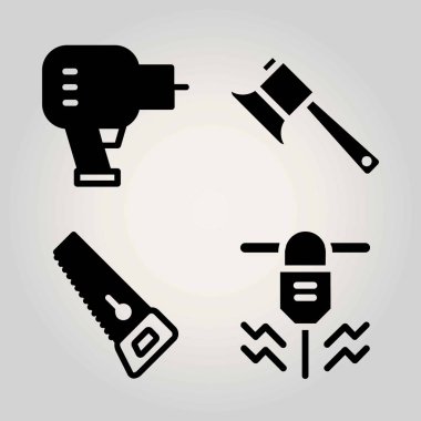 Bahçe vektör Icon set. testere, delici ve balta