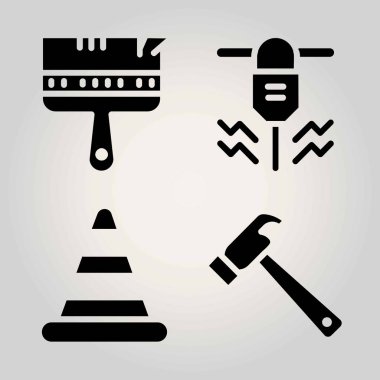 İnşaat vektör Icon set. boya fırçası, driller, çekiç ve koni